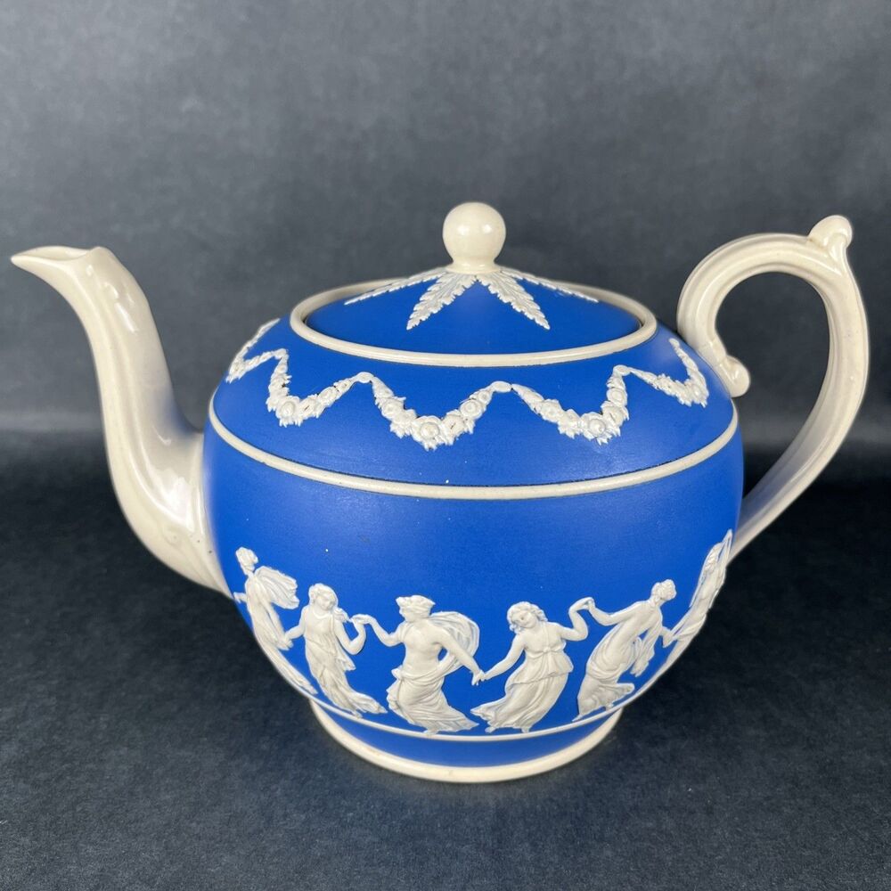 Rare Antique Copeland Spode Blue Jasperware Teapot "Dancing Hours" Neoclassical